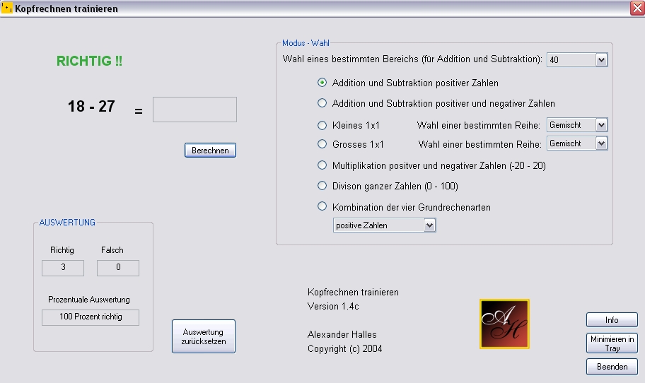 Screenshot vom Programm: Kopfrechnen trainieren